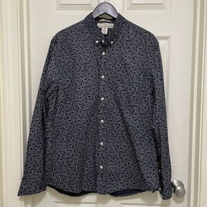 H&M Label Of Graded Goods Men's XL Slim Button Up Navy Blue W/ Ginkgo Leaf Print